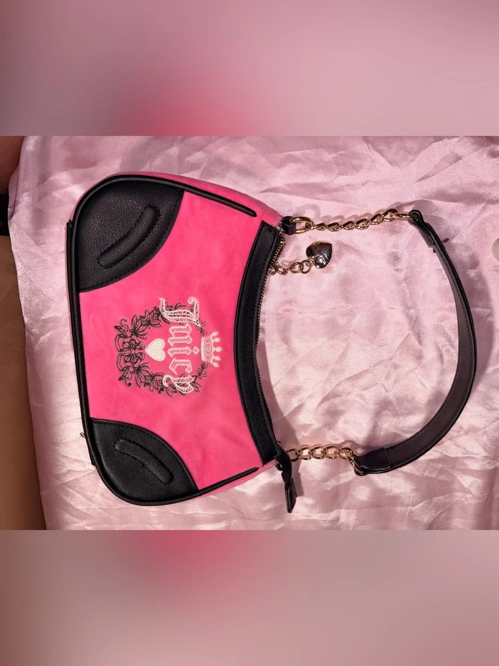 Juicy Couture Hot Pink & Black Velour Shoulder Bag